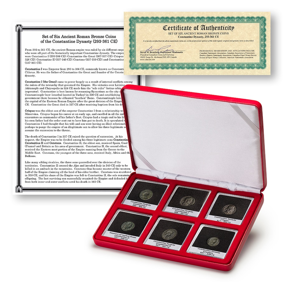 Image 712691.jpg, Product 712-691 / Price $249.95, Set of Six Ancient Roman Bronze Coins of the Constantine Dynasty (293-361 CE) from Canadian Coin & Currency on TSC.ca's Coins department