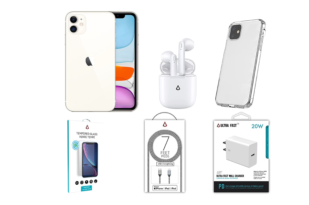 Apple iPhone 11 Starter Pack (iPhone 11, Tuff 8 Case, LBT Tempered Glass,  7-Foot USB-C to Lightning Cable, LBT Vibe Earbuds, white)