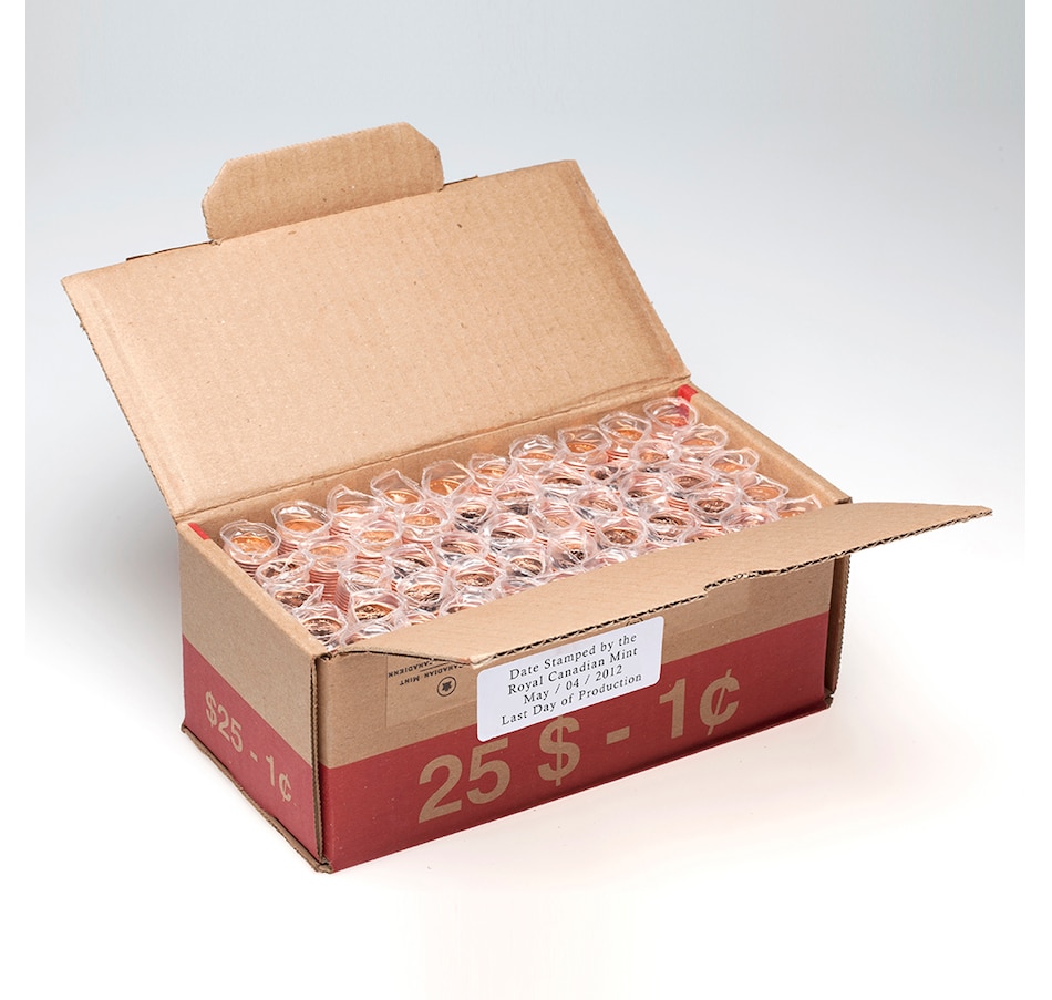 Image 712843_ALTMORE2.jpg, Product 712-843 / Price $499.95, Complete Original Royal Canadian Mint Sealed Box of 50 Rolls - Canada's Last Low-Mintage 2012 One-Cent Coins plus Bonus $20 Fine Silver Farewell to the Penny from Royal Canadian Mint (RCM) on TSC.ca's Coins department
