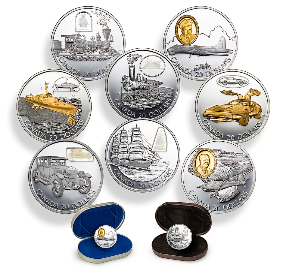 Image 712845.jpg, Product 712-845 / Price $899.95, 8-Piece $20 Transportation Themed Silver Coins (Sea, Rail, Land, and Air) from Royal Canadian Mint (RCM) on TSC.ca's Coins department