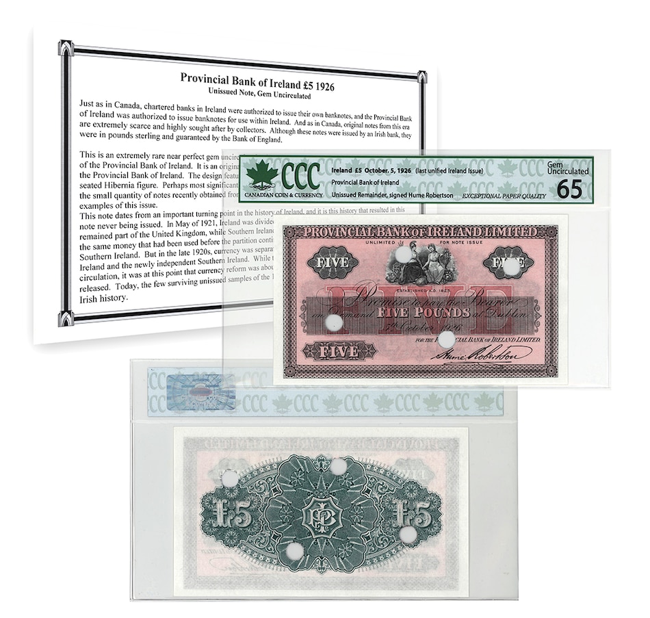Image 712895.jpg, Product 712-895 / Price $399.95, Provincial Bank of Ireland £5 1926 Unissued Note, Gem Uncirculated from Canadian Coin & Currency on TSC.ca's Coins department