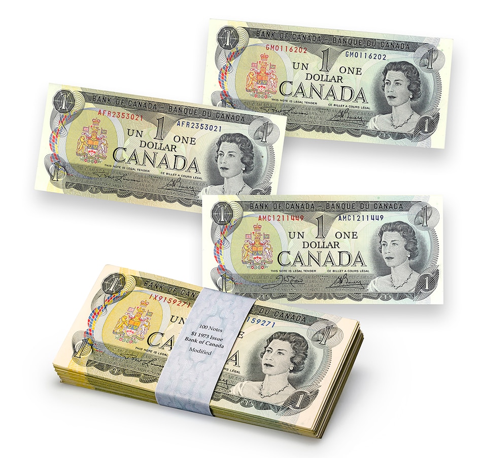 Image 712896_ALTMORE1.jpg, Product 712-896 / Price $499.95, Uncirculated Bundle of 100 Notes $1, 1973 from Canadian Coin & Currency on TSC.ca's Coins department