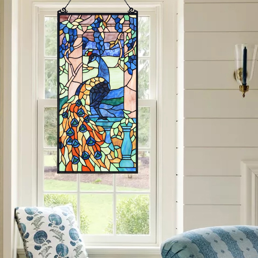Image 713106.jpg, Product 713-106 / Price $399.00, Fine Art Lighting - Handmade Tiffany Style Stained Glass Window Panel (KP315), Peacock Bird Design Suncatcher Decoration, Hanging Chain Included , Size: W14" x H28" from Fine Art Lighting on TSC.ca's Home & Garden department