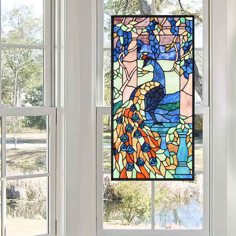 Image 713106_ALTMORE2.jpg, Product 713-106 / Price $399.00, Fine Art Lighting - Handmade Tiffany Style Stained Glass Window Panel (KP315), Peacock Bird Design Suncatcher Decoration, Hanging Chain Included , Size: W14" x H28" from Fine Art Lighting on TSC.ca's Home & Garden department