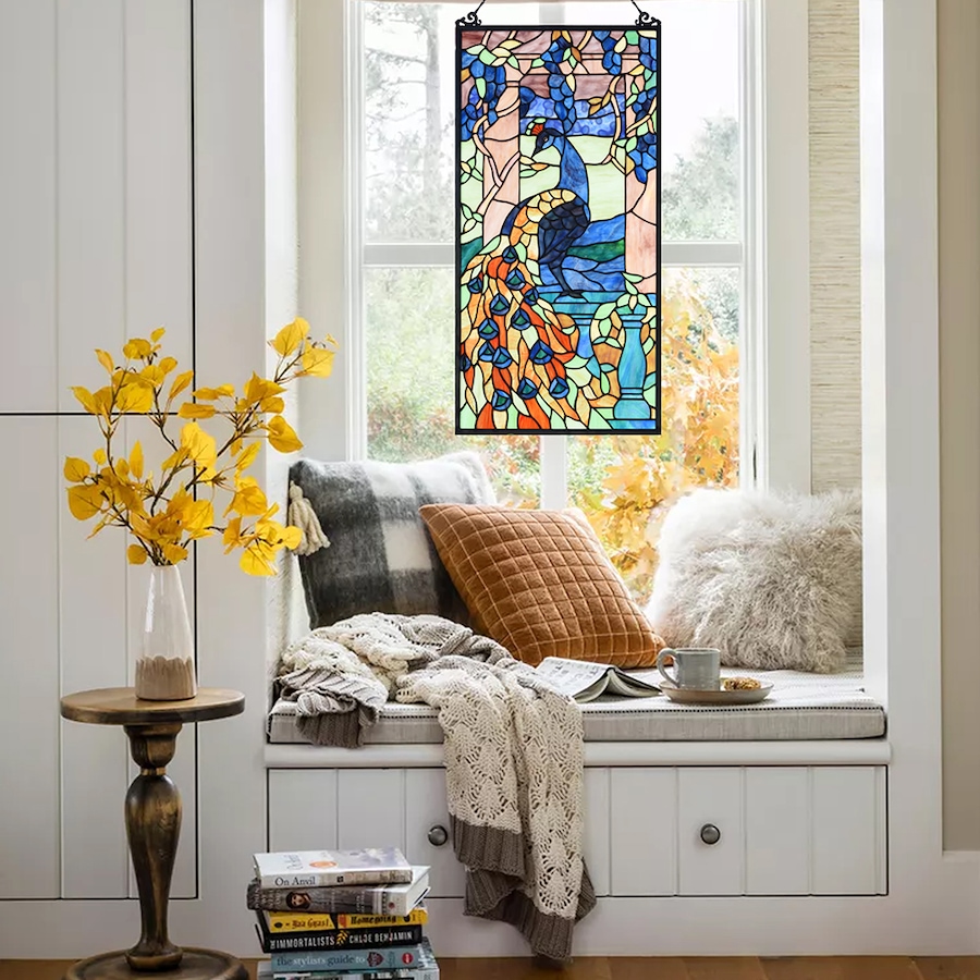Image 713106_ALTMORE3.jpg, Product 713-106 / Price $399.00, Fine Art Lighting - Handmade Tiffany Style Stained Glass Window Panel (KP315), Peacock Bird Design Suncatcher Decoration, Hanging Chain Included , Size: W14" x H28" from Fine Art Lighting on TSC.ca's Home & Garden department