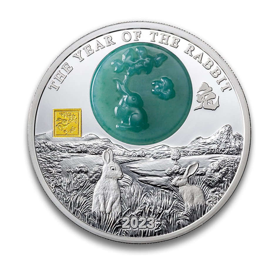 Image 713167.jpg, Product 713-167 / Price $299.95, 2023 Lunar Year of the Rabbit Fine Silver Coin (Burundi, 25 Francs, genuine jade inlay) from Canadian Coin & Currency on TSC.ca's Coins department