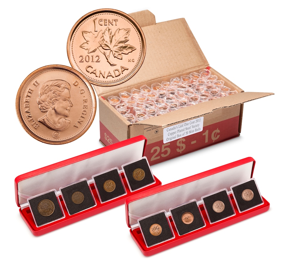 Image 713172.jpg, Product 713-172 / Price $399.95, Complete Original Royal Canadian Mint Sealed Box of 50 rolls - Canada's Last Low-Mintage 2012 One-Cent Coins Copper-Plated-Steel (Magnetic) Variety plus Bonus Eight-Piece Historic Cent Collection from Royal Canadian Mint on TSC.ca's Coins department