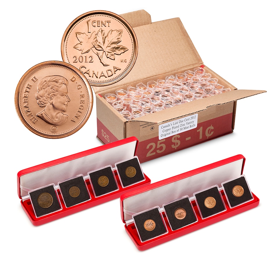 Image 713173.jpg , Product 713-173 / Price $248.88 , Complete Original Royal Canadian Mint Sealed Box of 50 rolls - Canada's Last Low-Mintage 2012 One-Cent Coins Copper-Plated-Zinc (Non-Magnetic) Variety plus Bonus Eight-Piece Historic Cent Collecti from Royal Canadian Mint on TSC.ca's Coins department