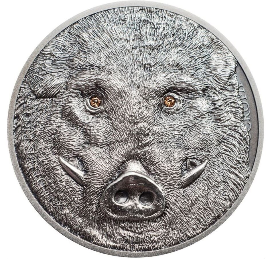 Image 713947.jpg, Product 713-947 / Price $129.95, 2018 500 Togrog Wild Boar Antique Finish Silver Coin from Canadian Coin & Currency on TSC.ca's Coins department