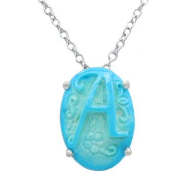Gems En Vogue Palladium Silver Carved Alphabet Kingman Turquoise Pendant With Chain