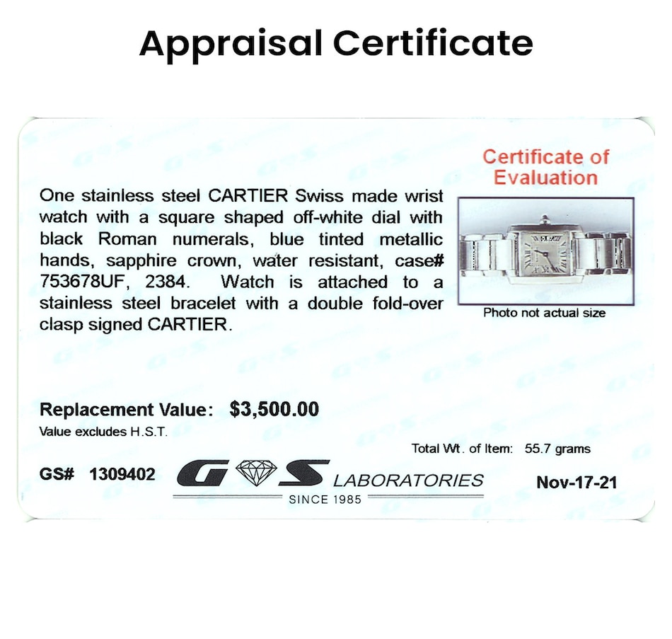 Image 715326_ALTMORE3.jpg, Product 715-326 / Price $3,495.00, Estate Originals Ladies' Stainless Steel CARTIER Tank Watch from Estate Originals on TSC.ca's Jewellery department