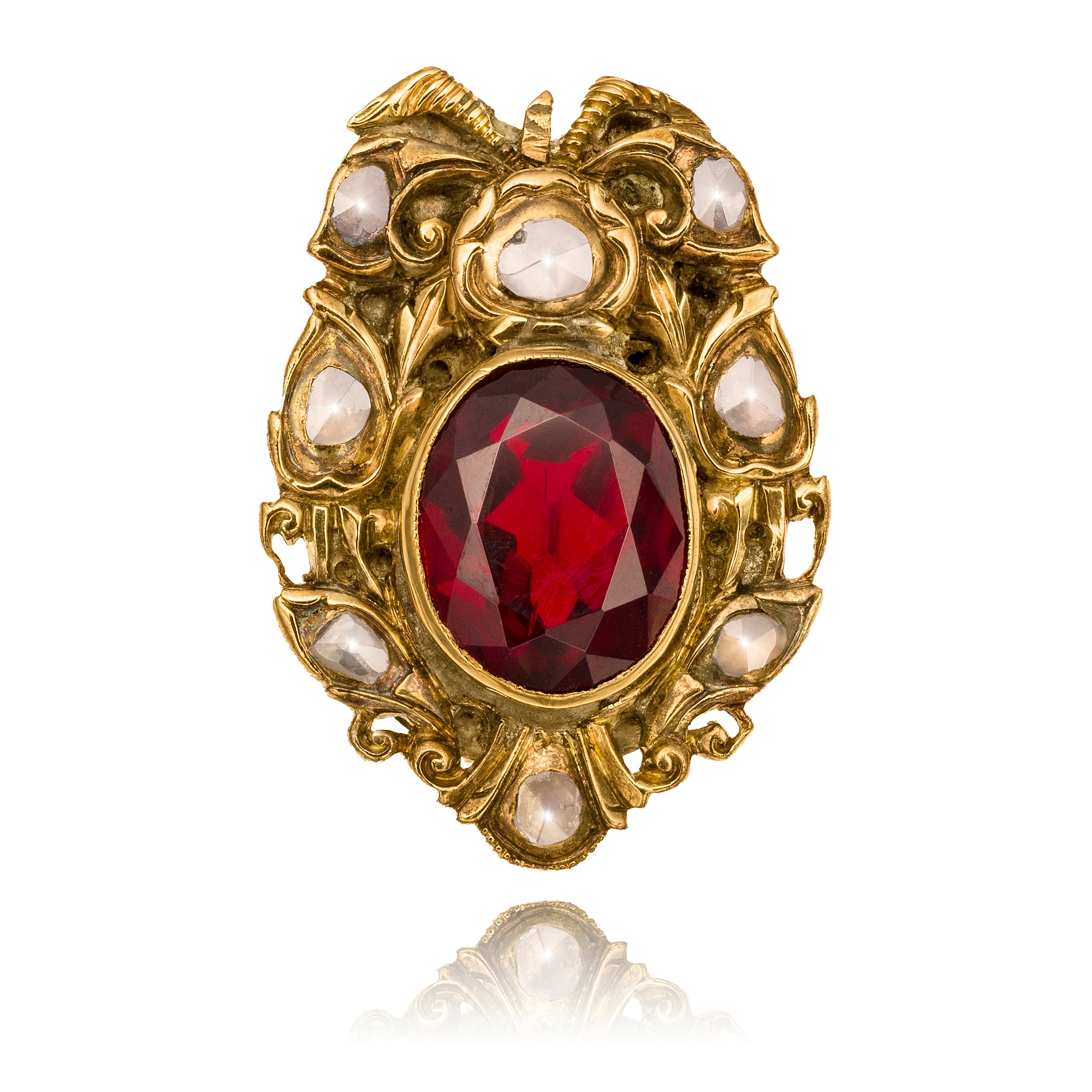 Estate Originals Custom Made 14KT Yellow Gold Antique Synthetic Ruby and  Old Cut Diamond Brooch