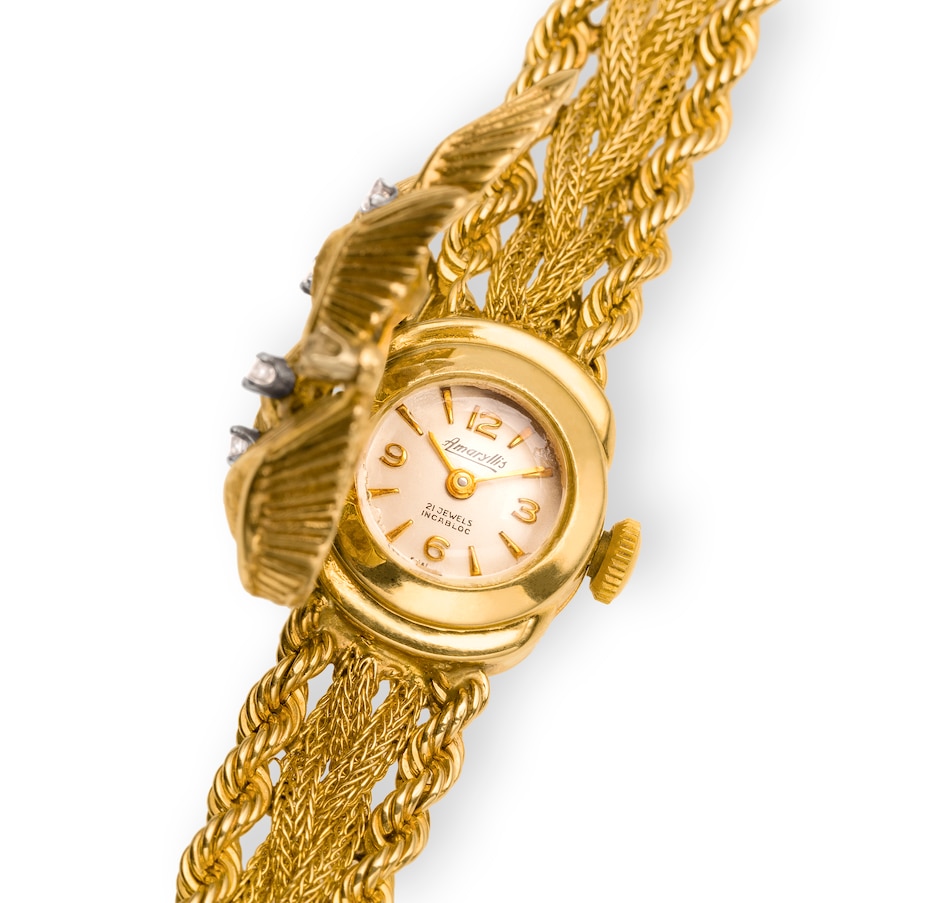 Image 715337_ALTMORE1.jpg, Product 715-337 / Price $3,295.00, Estate Originals 14KT Yellow Gold AMARYLLIS 21 JEWELS INCABLOC Swiss Made Dress Watch with Diamond-Set Cover from Estate Originals on TSC.ca's Jewellery department