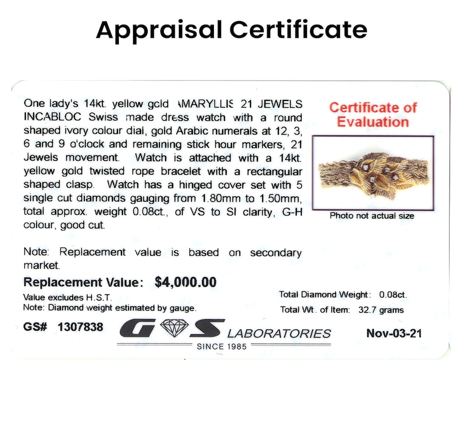 Image 715337_ALTMORE4.jpg, Product 715-337 / Price $3,295.00, Estate Originals 14KT Yellow Gold AMARYLLIS 21 JEWELS INCABLOC Swiss Made Dress Watch with Diamond-Set Cover from Estate Originals on TSC.ca's Jewellery department