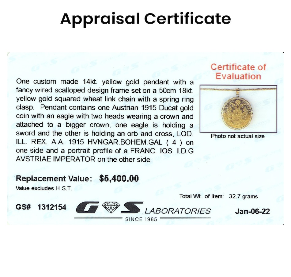 Estate Originals Custom Made 14KT Yellow Gold Pendant with 23KT Austrian  1915 4 Ducat Coin and 18KT Yellow Gold Chain
