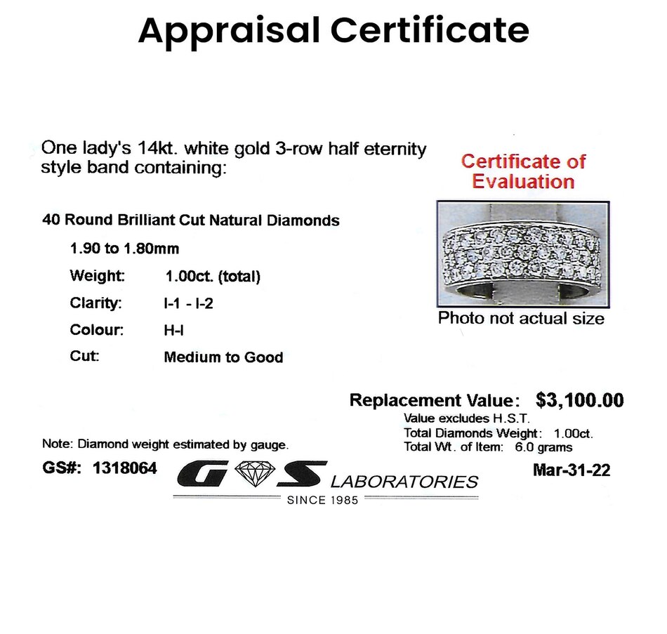 Image 715902_ALTMORE3.jpg, Product 715-902 / Price $1,895.00, 14KT White Gold 3-Row Half Eternity Band, 1.00 Carat of Diamonds from The Vault on TSC.ca's Jewellery department