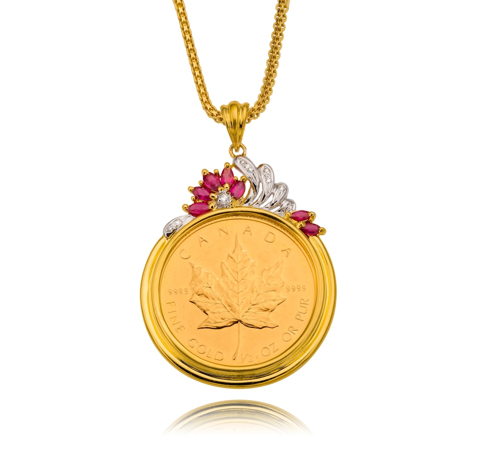 Image 715912.jpg, Product 715-912 / Price $4,395.00, 24KT 1/2oz Canadian Maple Leaf Coin Pendant with a Custom Made 18KT Frame Fancy Box Link Chain from The Vault on TSC.ca's Jewellery department