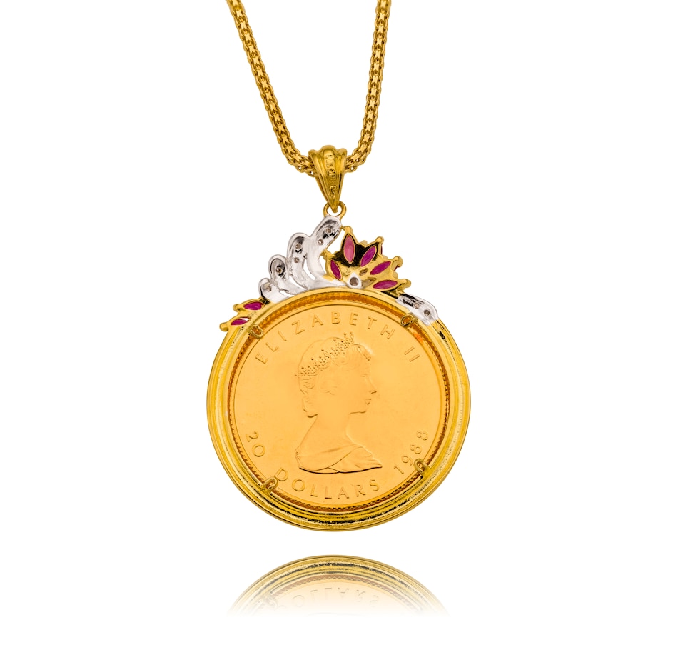 Image 715912_ALTMORE2.jpg, Product 715-912 / Price $4,395.00, 24KT 1/2oz Canadian Maple Leaf Coin Pendant with a Custom Made 18KT Frame Fancy Box Link Chain from The Vault on TSC.ca's Jewellery department