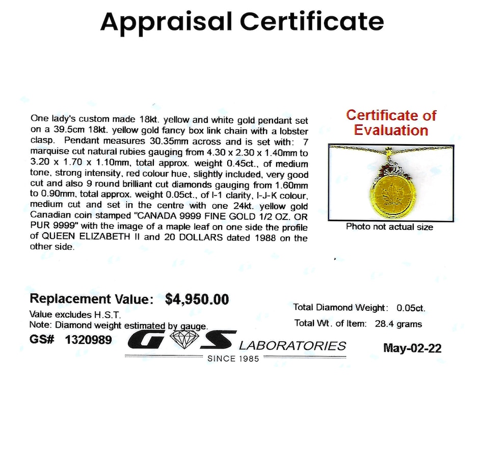 Image 715912_ALTMORE3.jpg, Product 715-912 / Price $4,395.00, 24KT 1/2oz Canadian Maple Leaf Coin Pendant with a Custom Made 18KT Frame Fancy Box Link Chain from The Vault on TSC.ca's Jewellery department