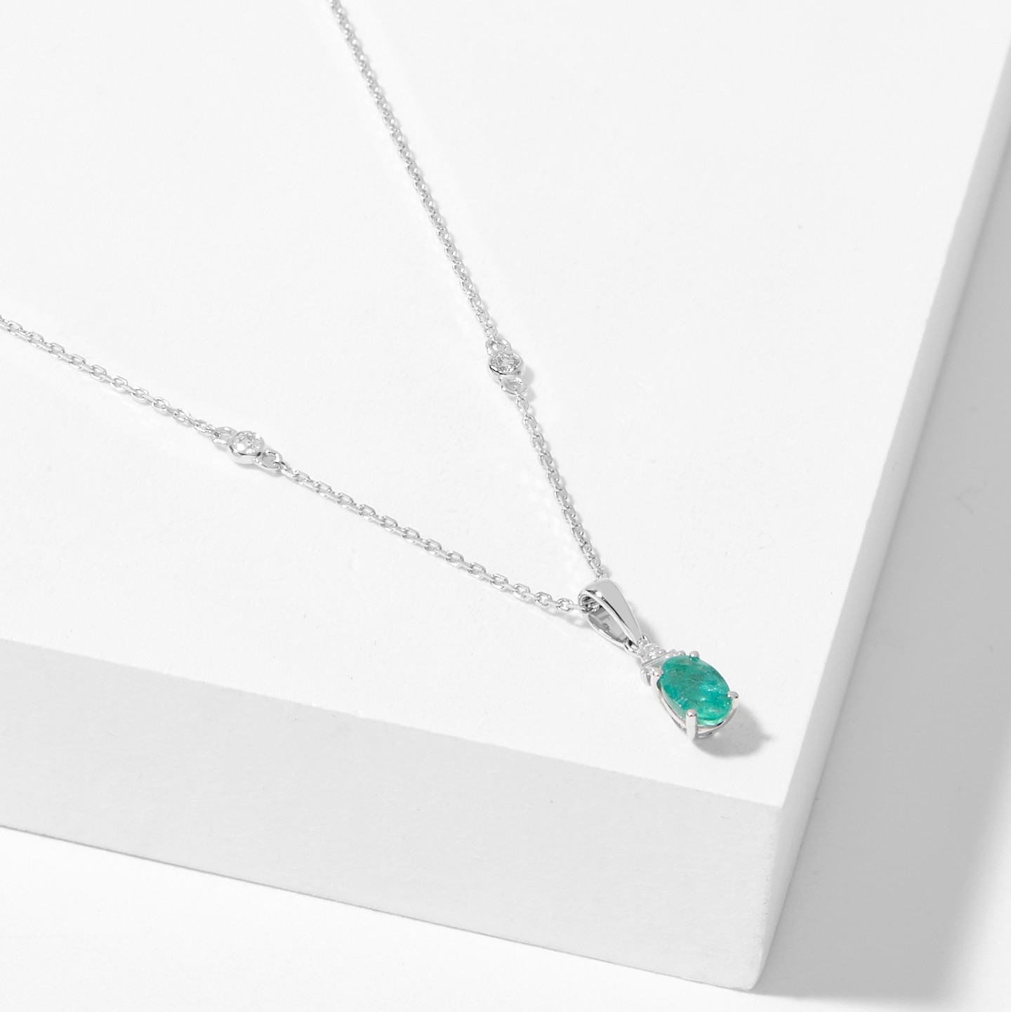 Gem Creations 14K White Gold Emerald & Diamond Pendant with Chain