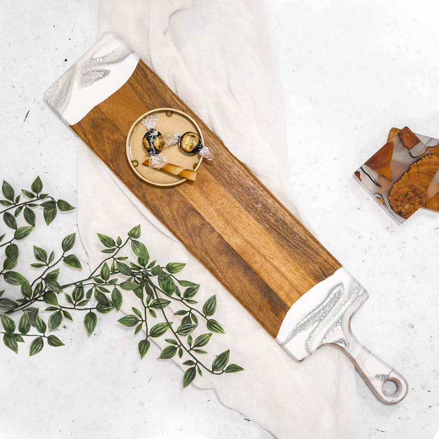 Image 716494_ALTMORE1.jpg, Product 716-494 / Price $109.99, Lynn & Liana Handmade 5" x 24" Baguette Acacia Cheeseboard, Marble Design from Lynn & Liana on TSC.ca's Kitchen department