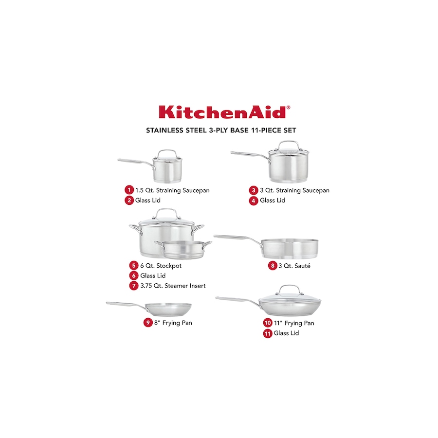 Image 716908_ALTMORE4.jpg, Product 716-908 / Price $399.99, KitchenAid Stainless Steel 3-Ply Base Cookwear Set (11-Pieces) from KitchenAid on TSC.ca's Kitchen department