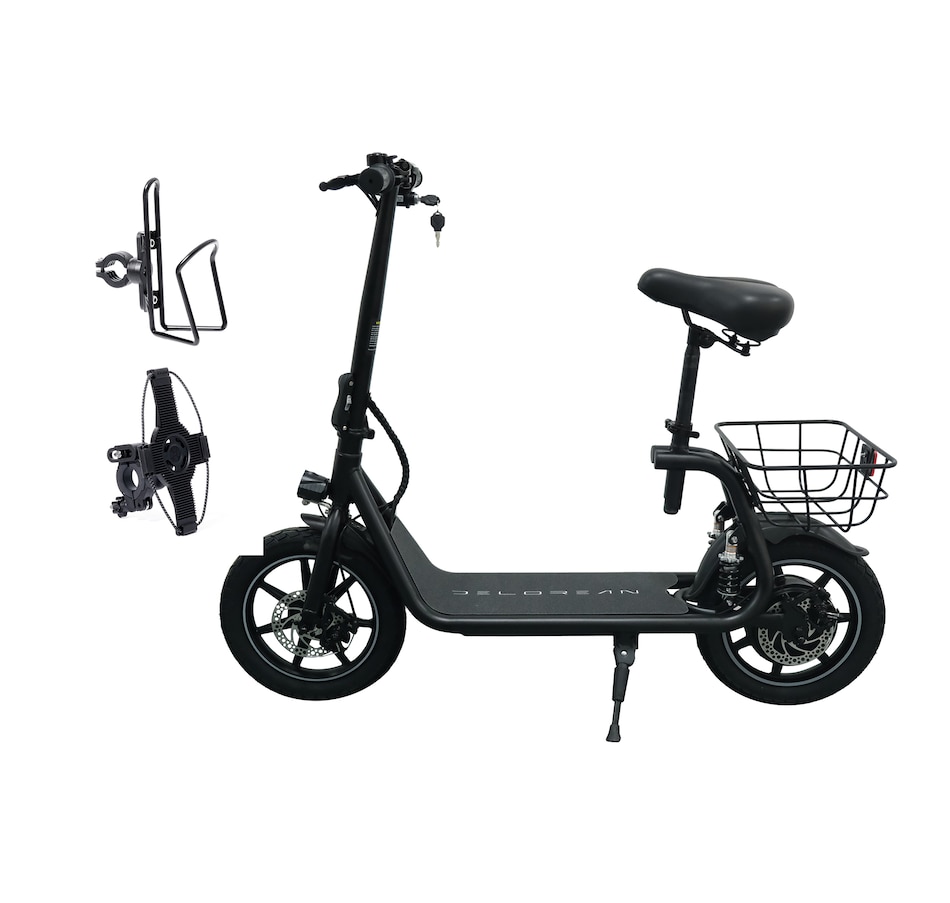 Image 717033_BLK.jpg, Product 717-033 / Price $999.99, Tony Little Delorean 450W Seated E-Scooter with Rear Basket Bundle from Tony Little on TSC.ca's Health & Fitness department