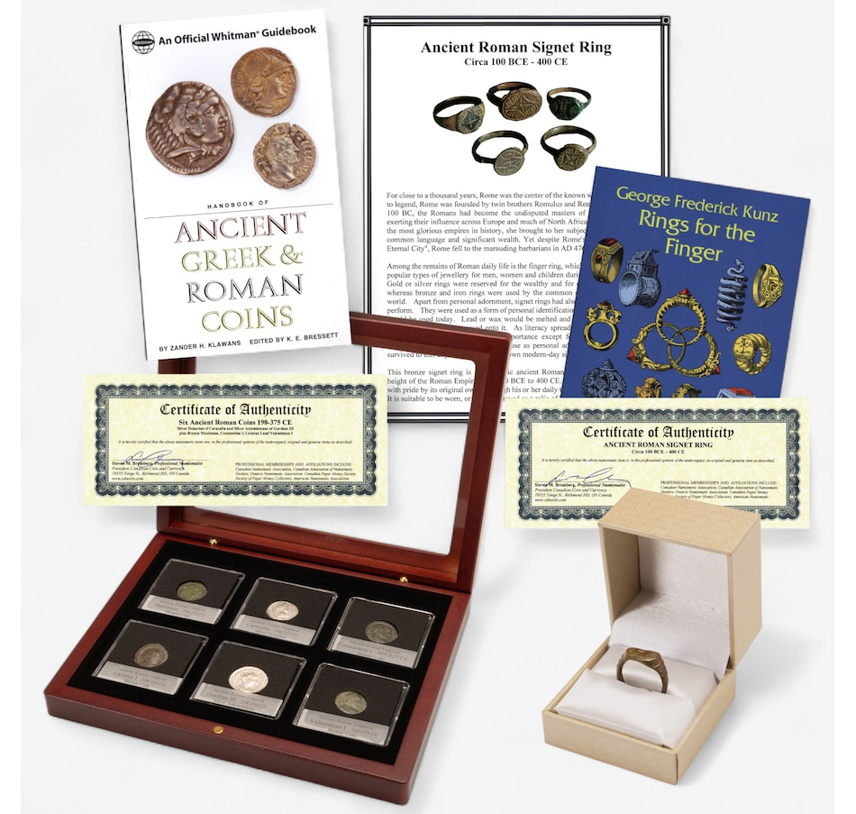 Image 717094.jpg, Product 717-094 / Price $495.00, Six-Piece Ancient Roman Collection 198–375 CE plus Ancient Roman Signet Ring circa 100 BCE–400 CE and Two Books: "Handbook of Ancient Roman and Greek Coins" and "Rings for the Finger" from Canadian Coin & Currency on TSC.ca's Coins department