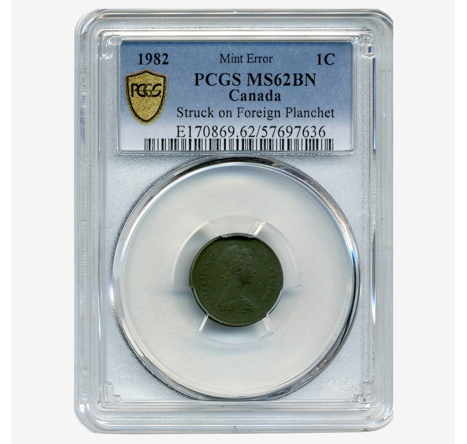 Image 717096_ALTMORE1.jpg, Product 717-096 / Price $395.00, Rare Major Error Coin: 1982 Canadian Cent on Foreign Planchet, PCGS Certified Choice Uncirculated MS-62 BN from Canadian Coin & Currency on TSC.ca's Coins department