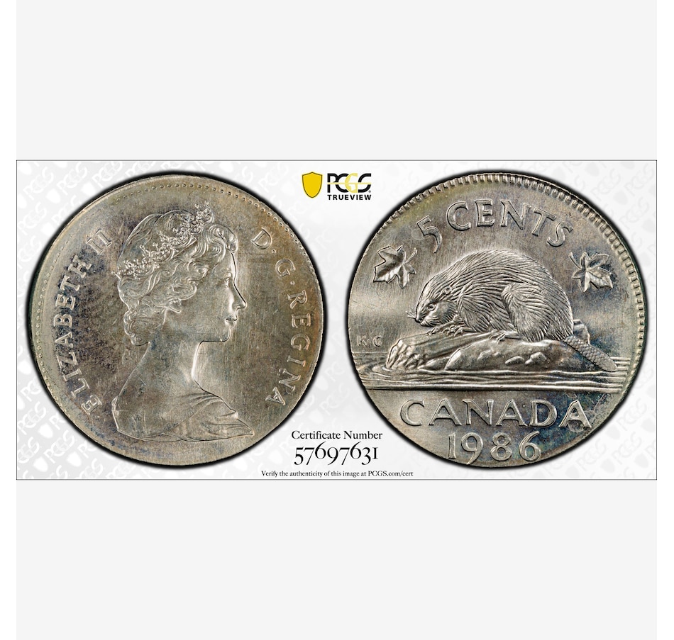 Image 717097.jpg, Product 717-097 / Price $695.00, Rare Major Error Coin: 1986 Canadian Five Cent on Dominican Republic 10 Centavos Blank, PCGS Certified Choice Uncirculated MS-64 from Canadian Coin & Currency on TSC.ca's Coins department