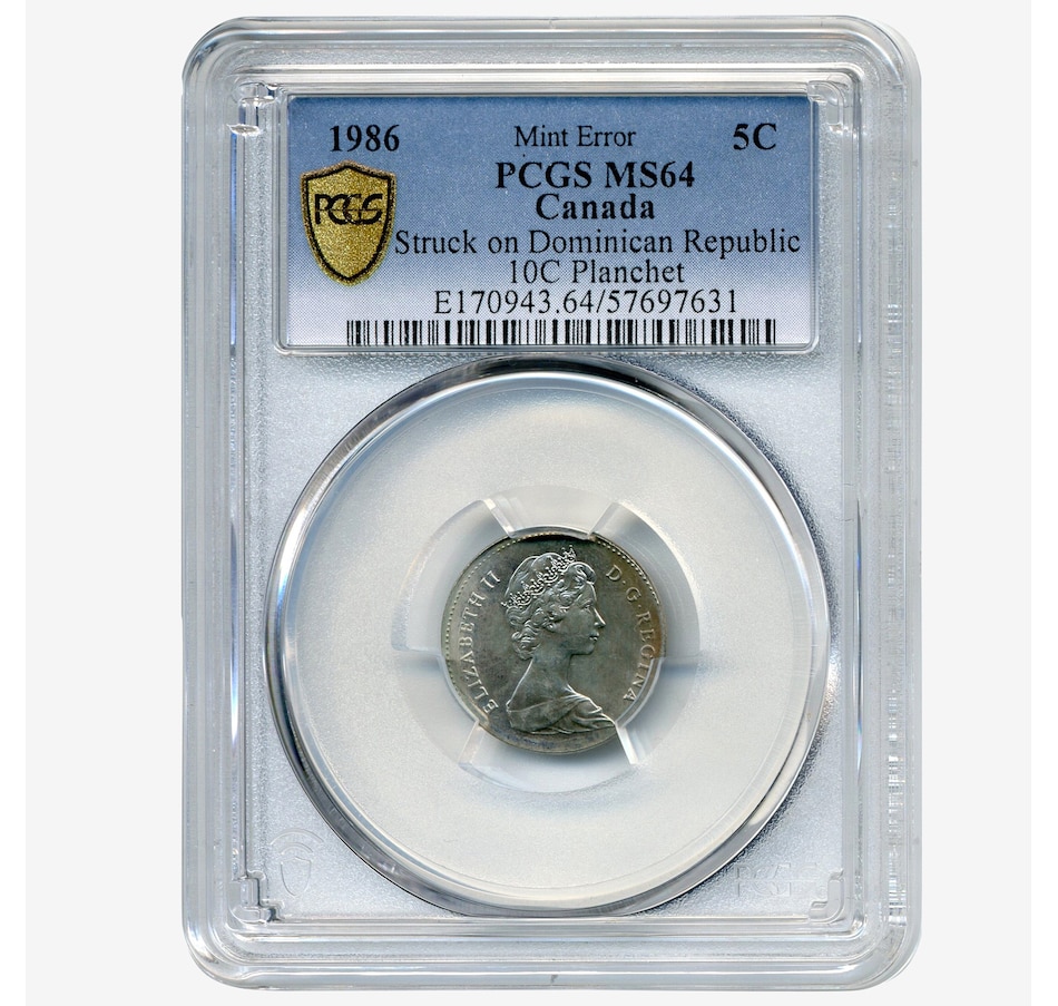 Image 717097_ALTMORE1.jpg, Product 717-097 / Price $695.00, Rare Major Error Coin: 1986 Canadian Five Cent on Dominican Republic 10 Centavos Blank, PCGS Certified Choice Uncirculated MS-64 from Canadian Coin & Currency on TSC.ca's Coins department