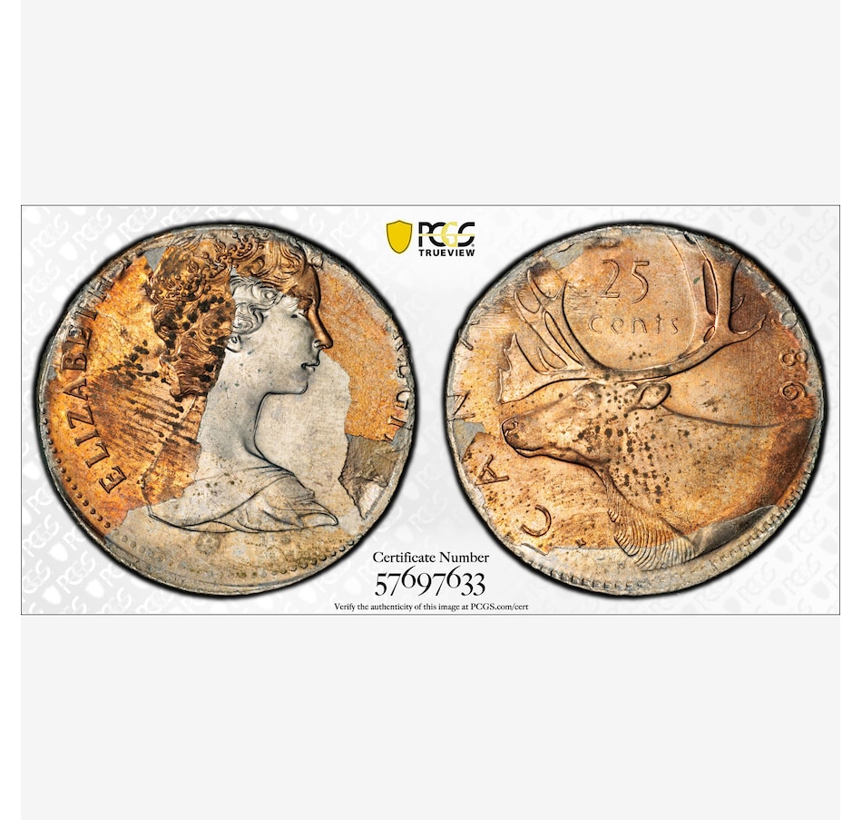 Image 717100.jpg, Product 717-100 / Price $850.00, Rare Major Error Coin: 1986 Canadian 25 Cents on Dominican Republic 10-Centavos Blank, PCGS Certified Choice Uncirculated MS-63 from Canadian Coin & Currency on TSC.ca's Coins department