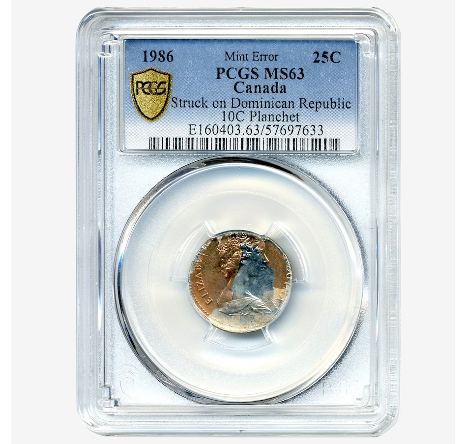 Image 717100_ALTMORE1.jpg, Product 717-100 / Price $850.00, Rare Major Error Coin: 1986 Canadian 25 Cents on Dominican Republic 10-Centavos Blank, PCGS Certified Choice Uncirculated MS-63 from Canadian Coin & Currency on TSC.ca's Coins department