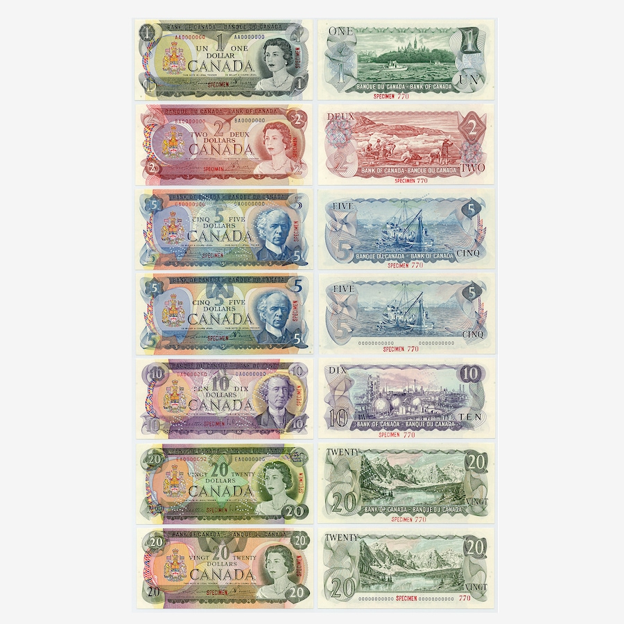 Image 717105.jpg, Product 717-105 / Price $4,995.00, Multicolour Specimen Banknote Set, Choice to Gem Uncirculated, Serial Numbers 0000000, 1969–1975 Banknotes $1–$20 plus 1979 Series $5 and $20 (7-piece collection) from Canadian Coin & Currency on TSC.ca's Coins department
