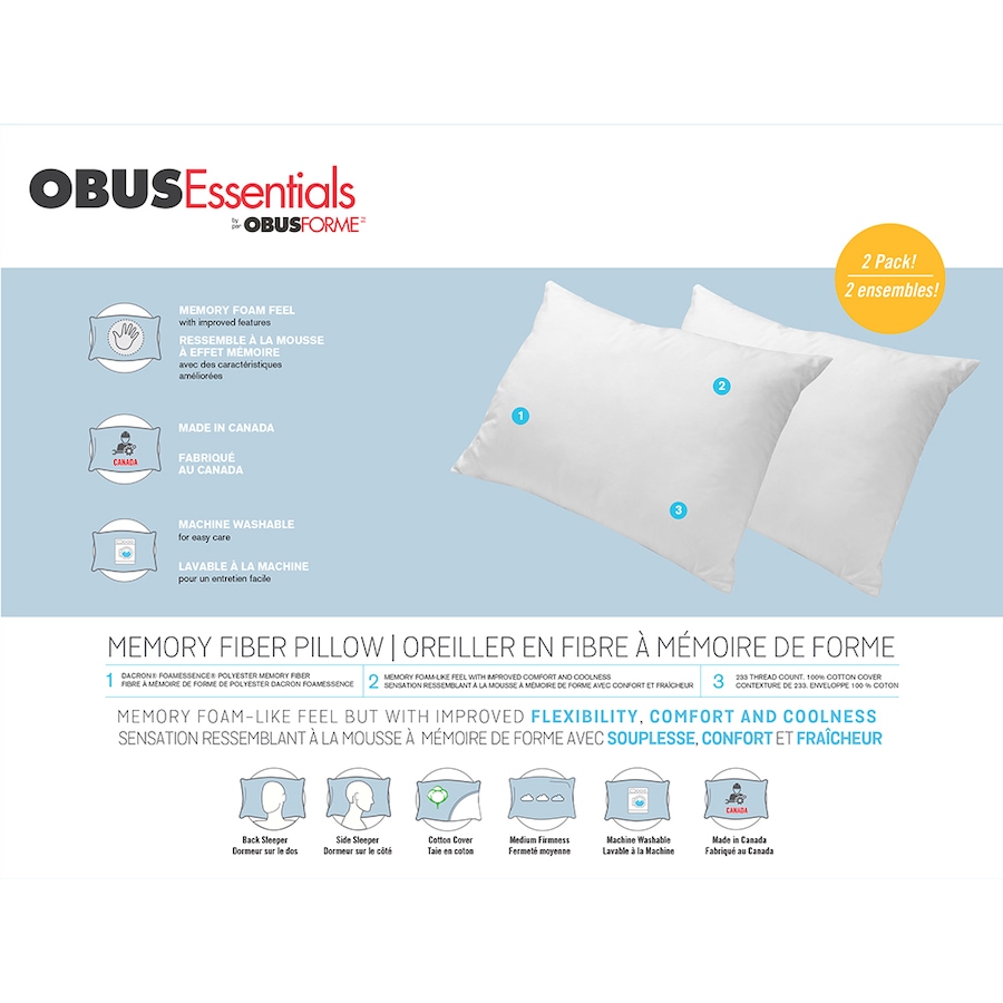 Image 717768_ALTMORE1.jpg, Product 717-768 / Price $39.99, Obusessentials Memory Fiber Filled Pillow 2-Pack from ObusForme on TSC.ca's Home & Garden department