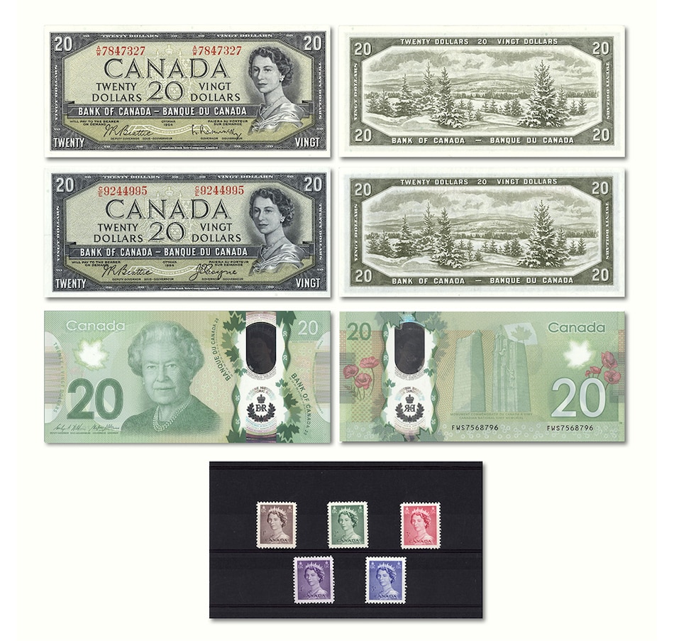 Image 718264.jpg, Product 718-264 / Price $249.95, Three-Piece Longest Reign $20 Collection (original 1954 Devil's Face and Modified notes plus 2015 longest commemorative-issue banknote) and Bonus Postage Stamp Set from Canadian Coin & Currency on TSC.ca's Coins department