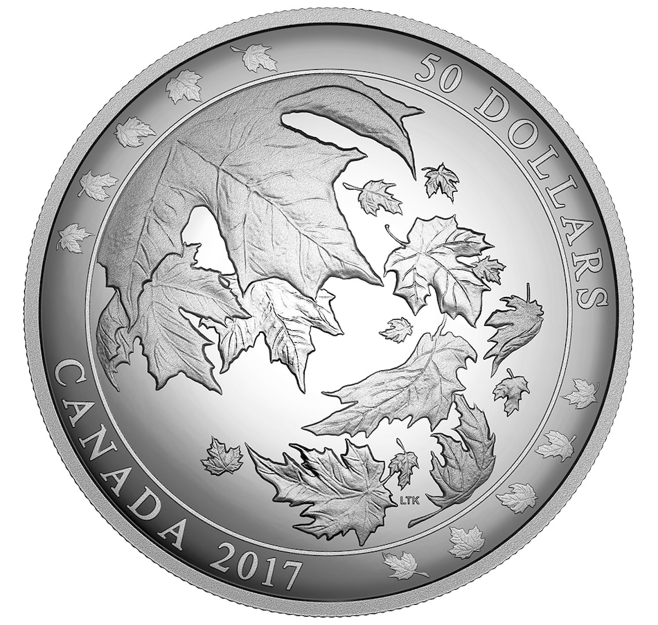 Image 718272.jpg, Product 718-272 / Price $528.88, 2017 Five-Ounce $50 Fine Silver Convex Coin - Maple Leaves in Motion from Royal Canadian Mint on TSC.ca's Coins department