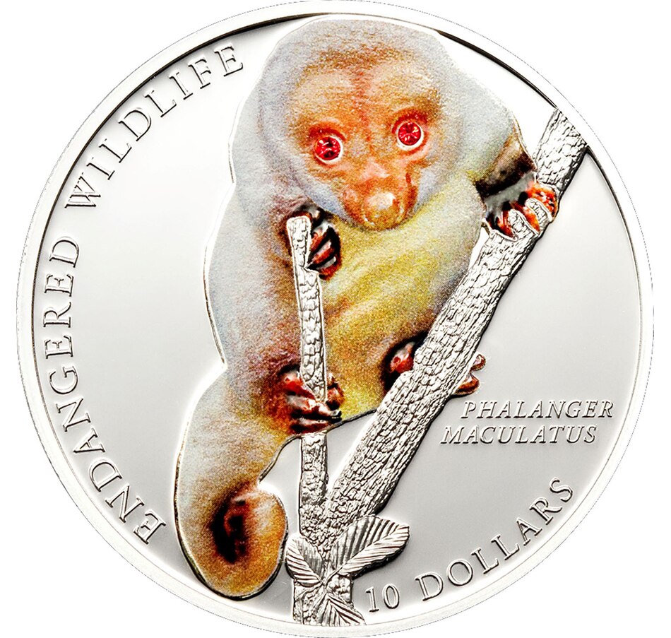 Image 718277.jpg, Product 718-277 / Price $68.88, 2010 $10 Solomon Islands Sterling Silver Spotted Cuscus Coin with Selective Colour and Red Swarovski Crystals from Canadian Coin & Currency on TSC.ca's Coins department