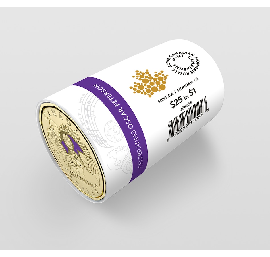 Image 718488_ALTMORE5.jpg, Product 718-488 / Price $54.95, 2022 $1 Oscar Peterson Special Wrap Roll (with colour, 25 coins per roll) from Royal Canadian Mint (RCM) on TSC.ca's Coins department