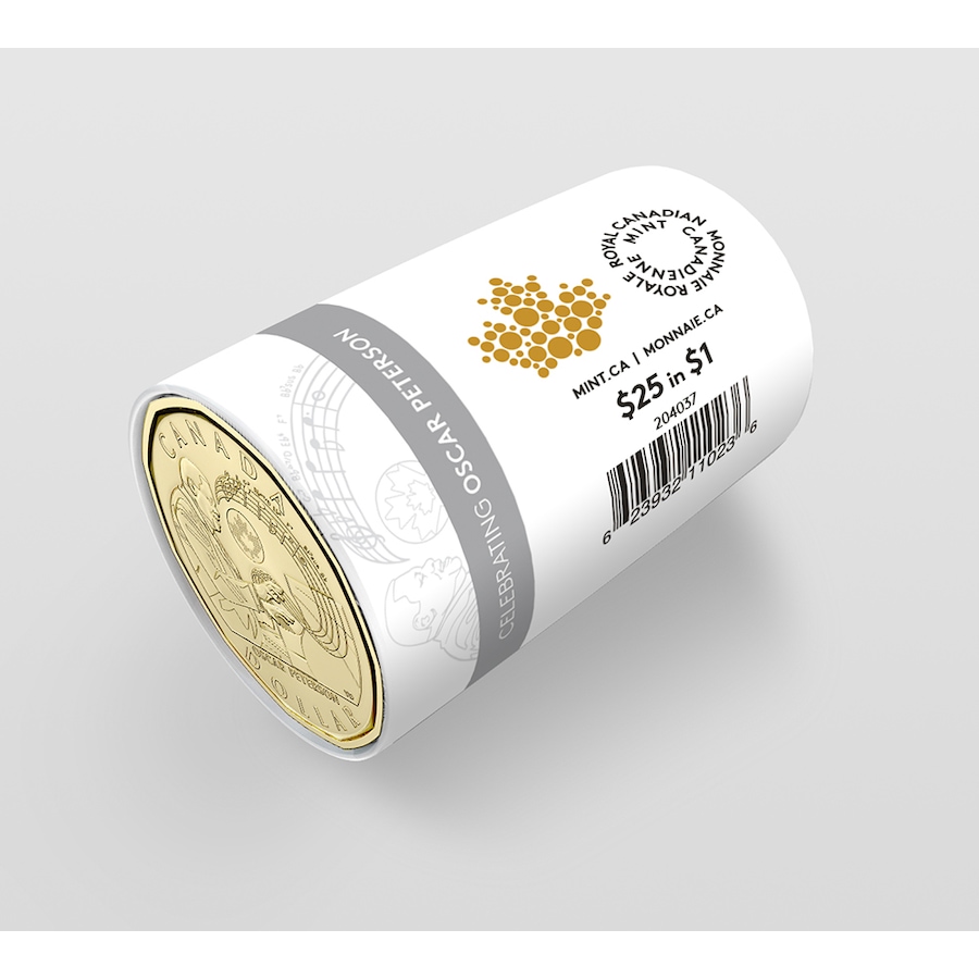 Image 718489_ALTMORE5.jpg, Product 718-489 / Price $54.95, 2022 $1 Oscar Peterson Special Wrap Roll Classic Engraved Version (no colour, 25 coins per roll)) from Royal Canadian Mint (RCM) on TSC.ca's Coins department