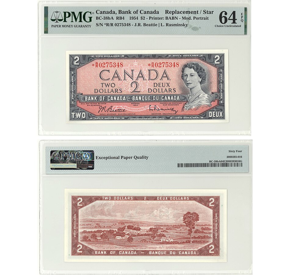 Image 718518.jpg, Product 718-518 / Price $895.00, Bank of Canada 1954 $2 Issue Replacement Note PMG Certified Choice Uncirculated 64 (S/N R/R0275348) from Canadian Coin & Currency on TSC.ca's Coins department