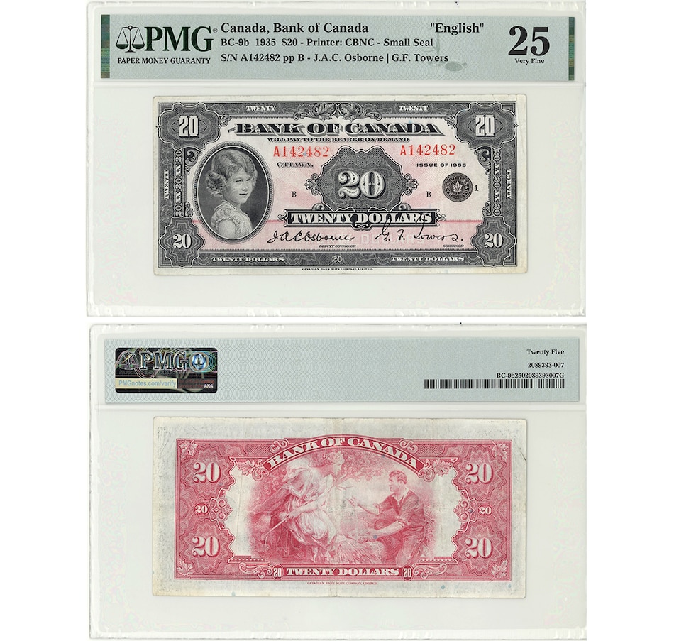 Image 718519.jpg, Product 718-519 / Price $2,600.00, Rare 1935 $20 Princess Elizabeth Banknote, Very Fine 25 PMG Certified, Serial Number A142482 from Canadian Coin & Currency on TSC.ca's Coins department