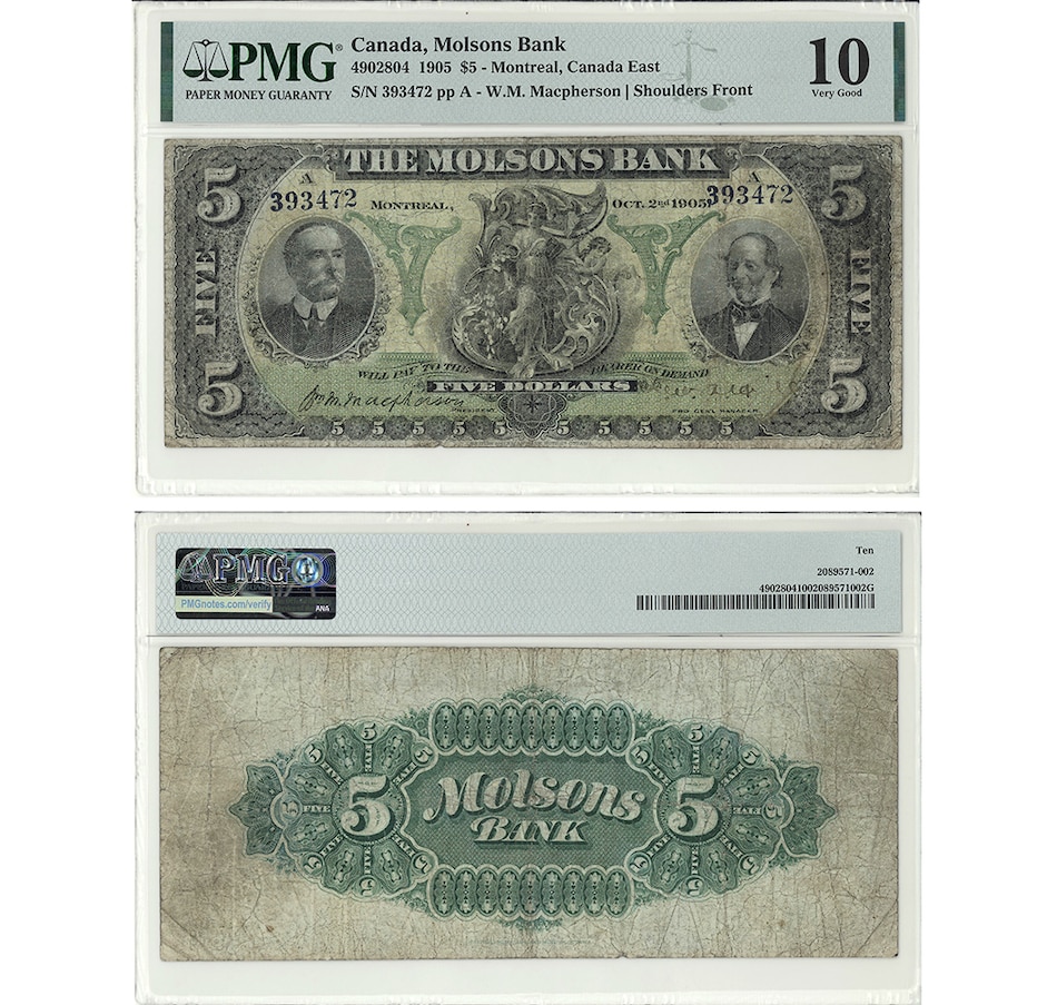 Image 718520.jpg, Product 718-520 / Price $1,795.00, The Molsons Bank 1905 $5 Note PMG Certified Very Good 10 (S/N 393472) from Canadian Coin & Currency on TSC.ca's Coins department