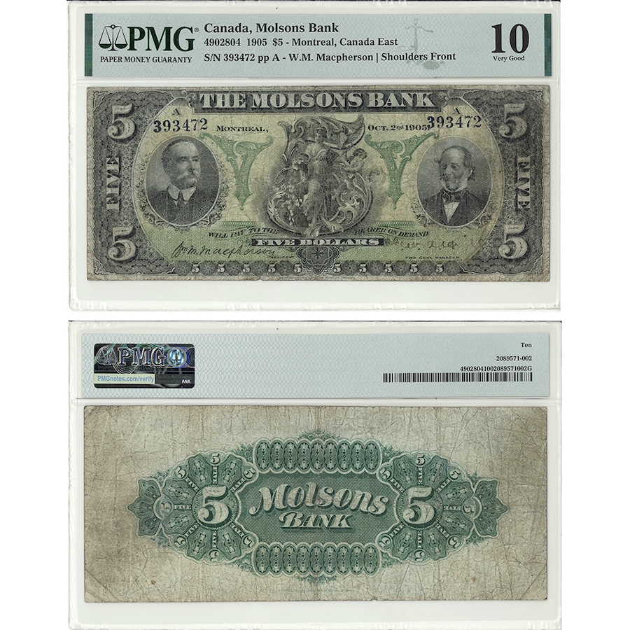 Image 718520.jpg, Product 718-520 / Price $1,795.00, The Molsons Bank 1905 $5 Note PMG Certified Very Good 10 (S/N 393472) from Canadian Coin & Currency on TSC.ca's Coins department