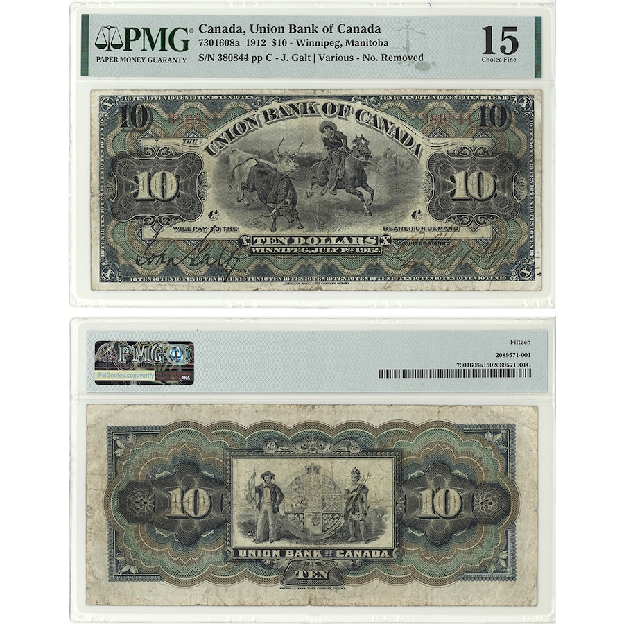 Image 718521.jpg, Product 718-521 / Price $2,395.00, The Union Bank of Canada 1912 $10 Winnipeg, Manitoba PMG Certified Choice Fine 15 (S/N 380844) from Canadian Coin & Currency on TSC.ca's Coins department