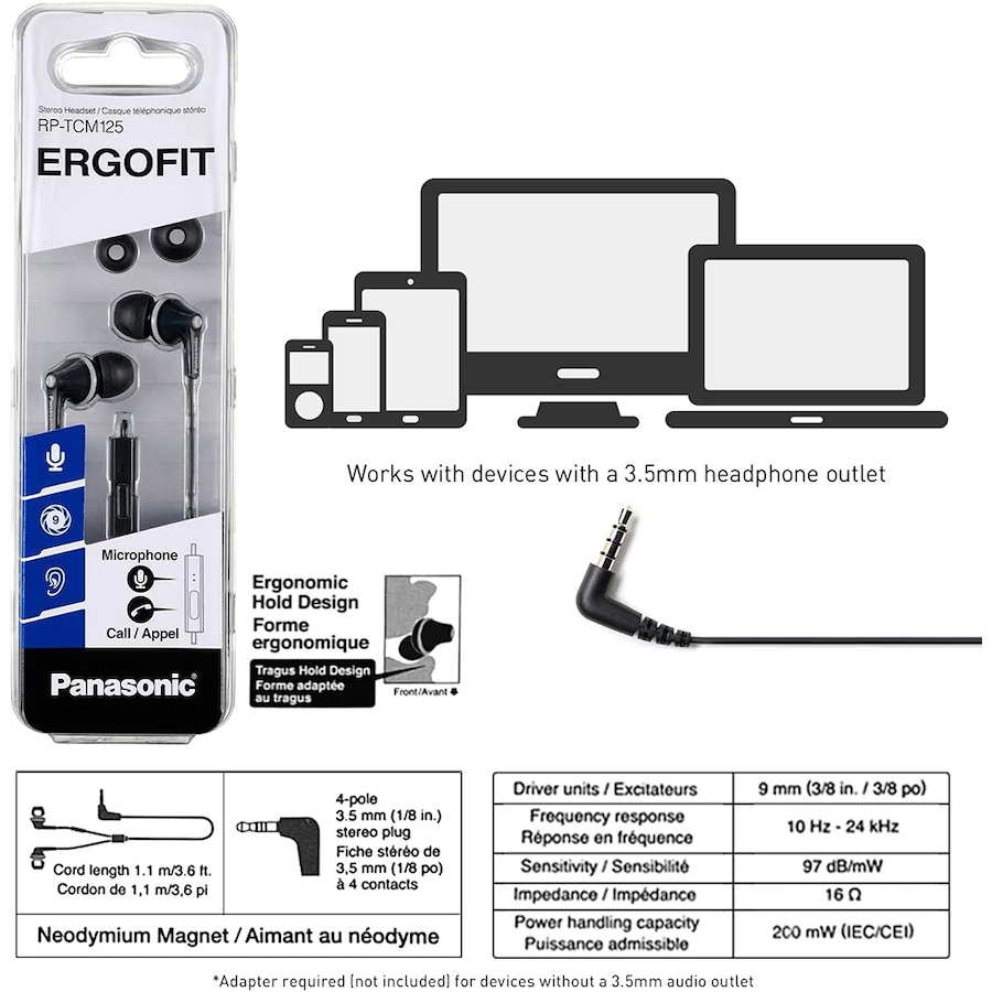 Image 718600_ALTMORE3.jpg, Product 718-600 / Price $29.99, Panasonic ErgoFit In-Ear Earbud Headphones (RPTCM125K, black) from Panasonic on TSC.ca's Electronics department