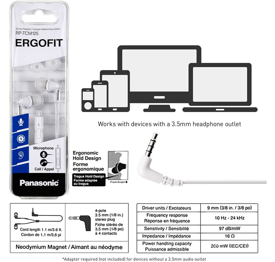 Image 718601_ALTMORE3.jpg, Product 718-601 / Price $29.99, Panasonic ErgoFit In-Ear Earbud Headphones (RPTCM125W, white) from Panasonic on TSC.ca's Electronics department