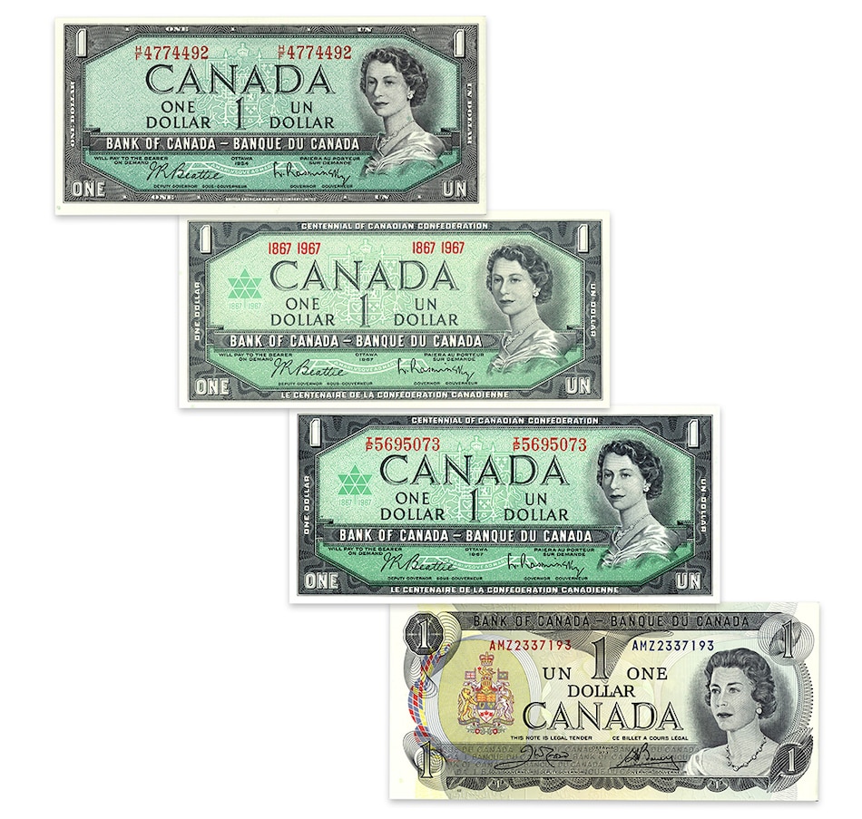 Image 718854.jpg, Product 718-854 / Price $29.95, One-Dollar Notes of Queen Elizabeth Four-Piece Banknote Collection (1954 Modified, 1967 Double-Date, 1967 Serial Number, 1973) from Canadian Coin & Currency on TSC.ca's Coins department