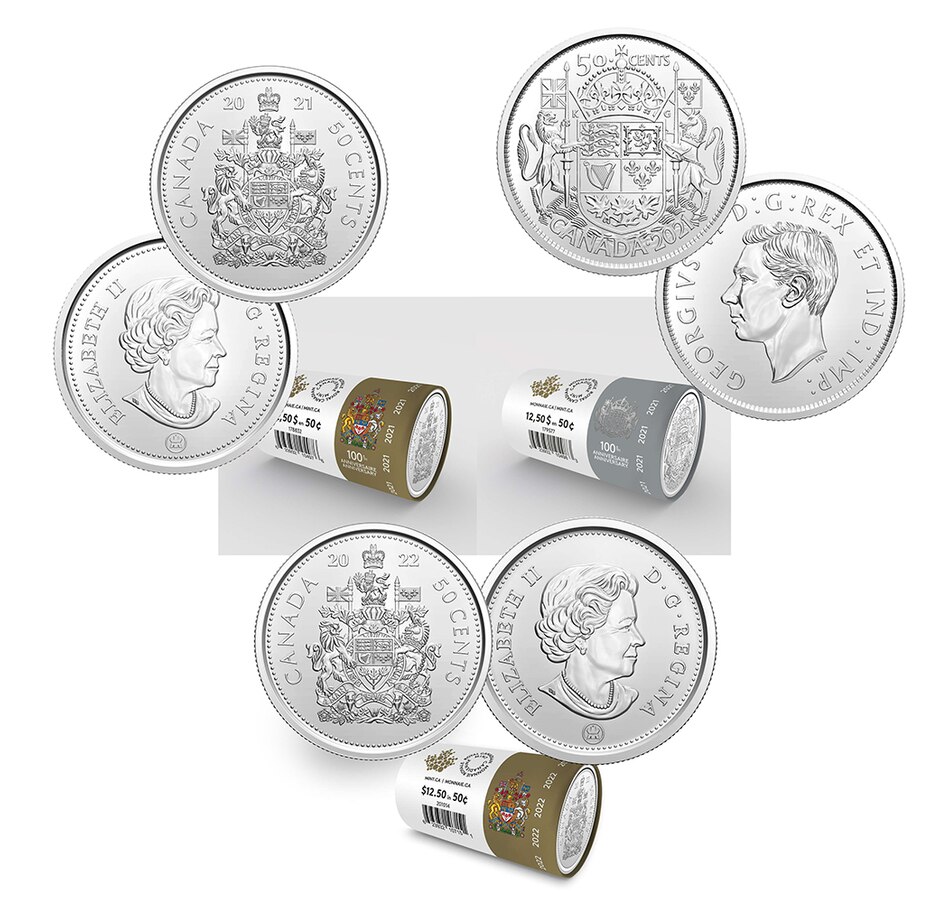 Image 718863.jpg, Product 718-863 / Price $119.95, The Last Half-Dollars of Queen Elizabeth II, 2021 and 2022 50-Cent Three-Roll Set (Regular and Commemorative Issues, 75 Coins Total) from Royal Canadian Mint on TSC.ca's Coins department