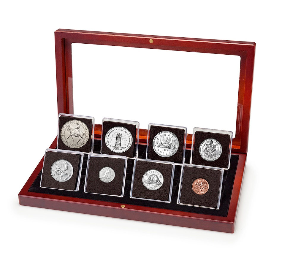 Image 718864.jpg, Product 718-864 / Price $99.95, 1977 Queen Elizabeth Silver Jubilee Issue Proof Set plus Uncirculated 1977 Silver Jubilee Crown in a Mahogany-Finish Case from Royal Canadian Mint on TSC.ca's Coins department